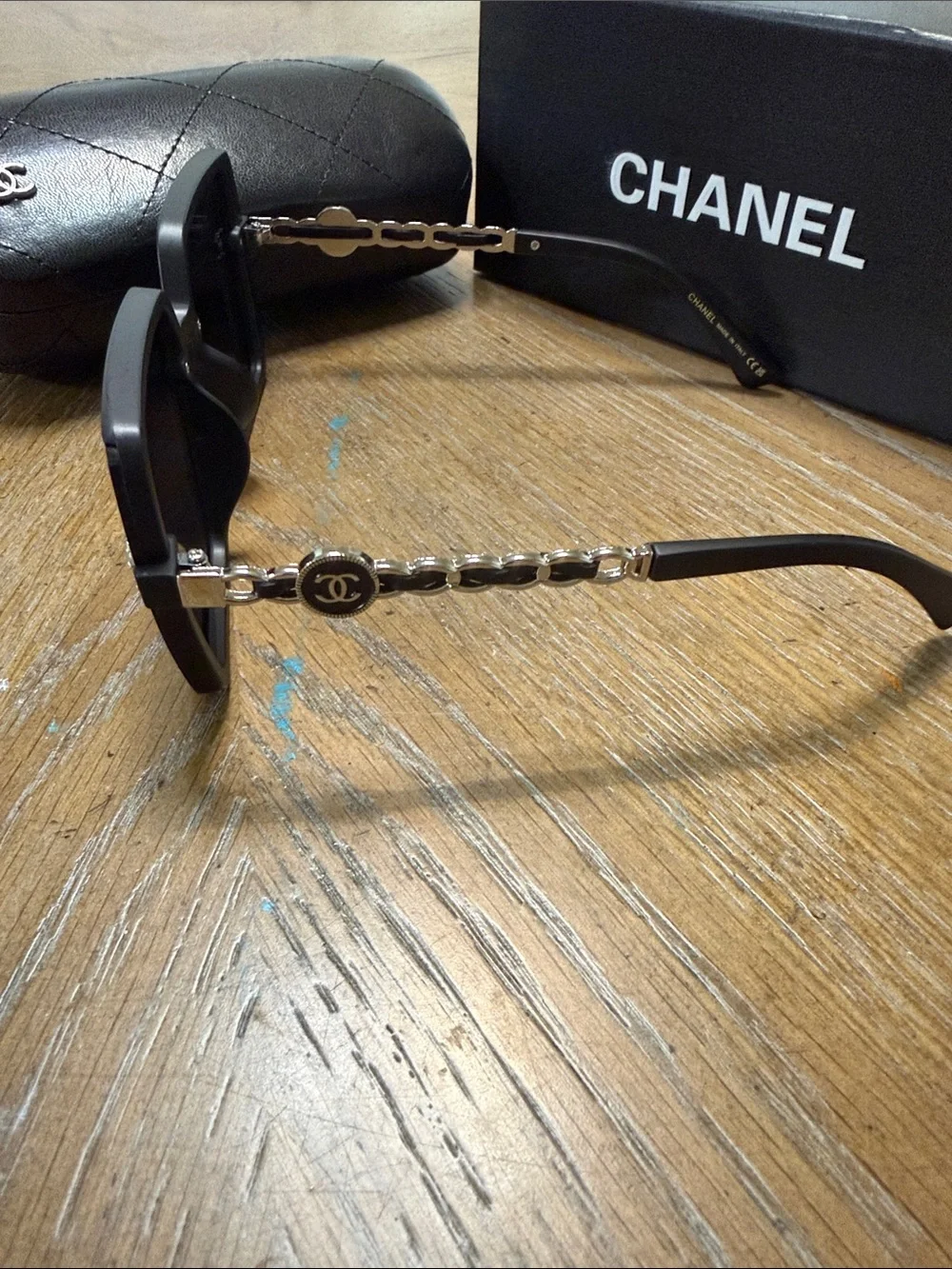 CHANEL Black Square Oversized Sunglasses with Silver CC Temples